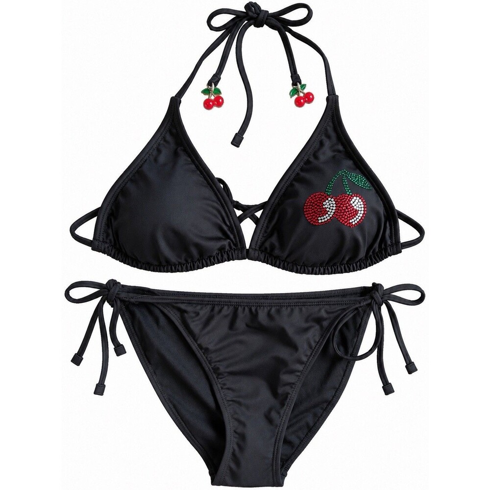 Juicy Couture Black Rhinestone Cherry Triangle Bikini Swimsuit Set Size L Y2K